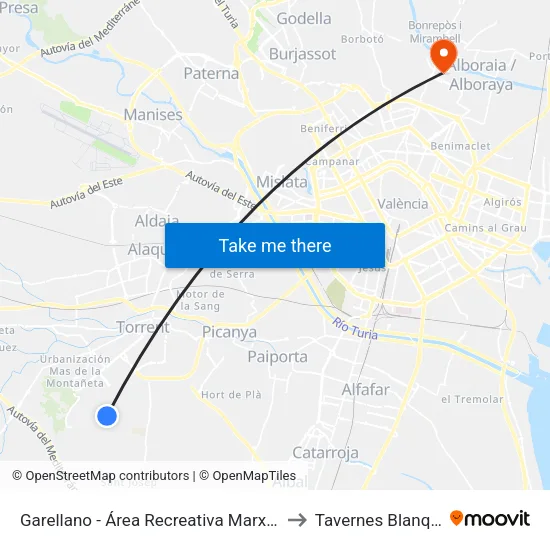 Garellano - Área Recreativa Marxadella to Tavernes Blanques map