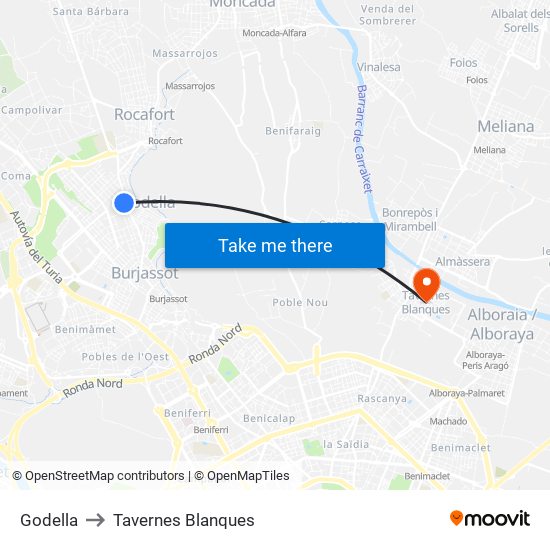 Godella to Tavernes Blanques map