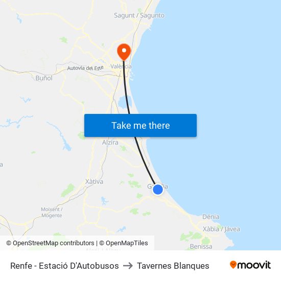 Renfe - Estació D'Autobusos to Tavernes Blanques map
