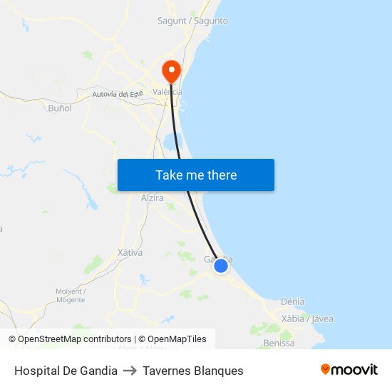 Hospital De Gandia to Tavernes Blanques map