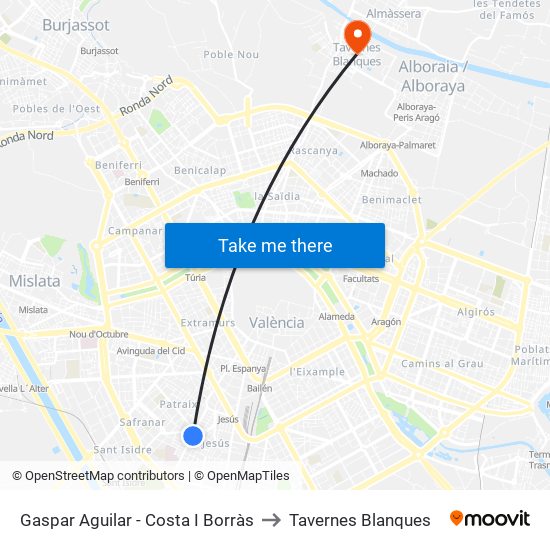 Gaspar Aguilar - Costa I Borràs to Tavernes Blanques map