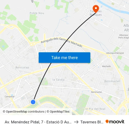 Av. Menéndez Pidal, 7 - Estació D Autobusos [València] to Tavernes Blanques map