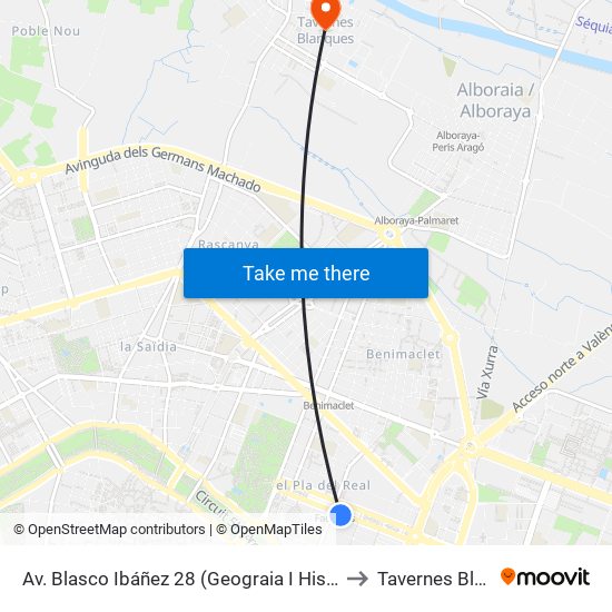 Av. Blasco Ibáñez 28 (Geograia I Història) [València] to Tavernes Blanques map