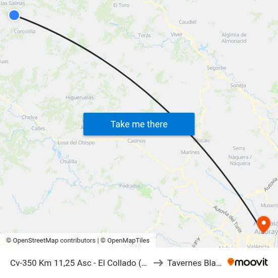 Cv-350 Km 11,25 Asc - El Collado (A Demanda) to Tavernes Blanques map