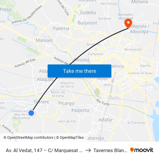 Av. Al Vedat, 147 – C/ Marquesat [Torrent] to Tavernes Blanques map