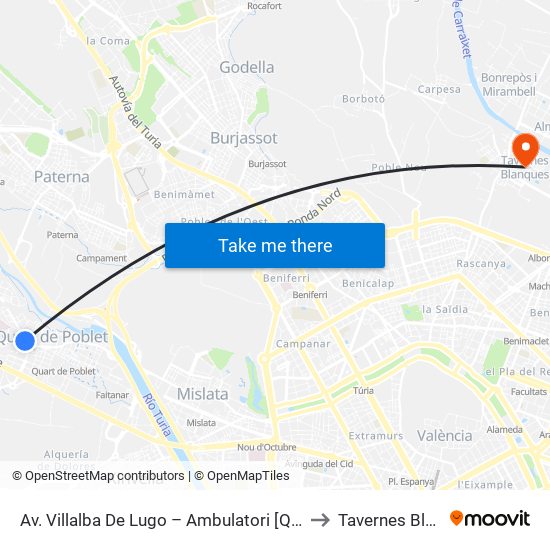 Av. Villalba De Lugo – Ambulatori [Quart De Poblet] to Tavernes Blanques map