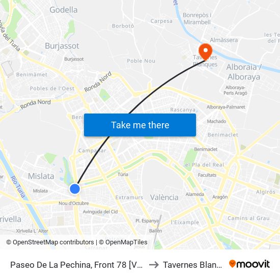 Paseo De La Pechina, Front 78 [València] to Tavernes Blanques map