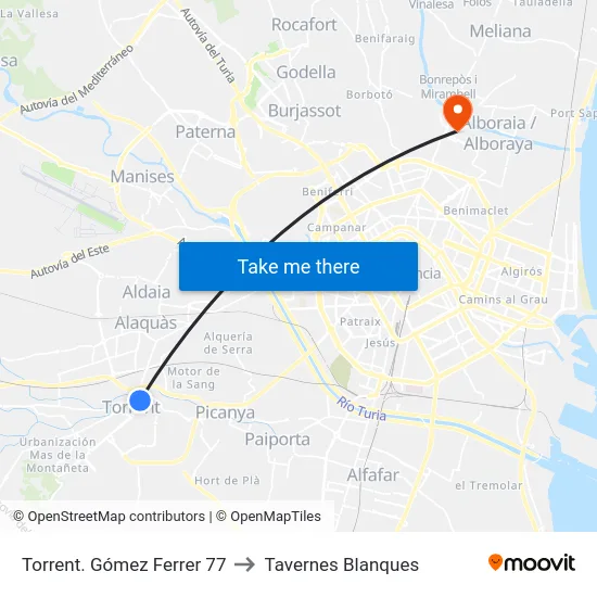 Torrent. Dr. Gómez Ferrer 81 to Tavernes Blanques map