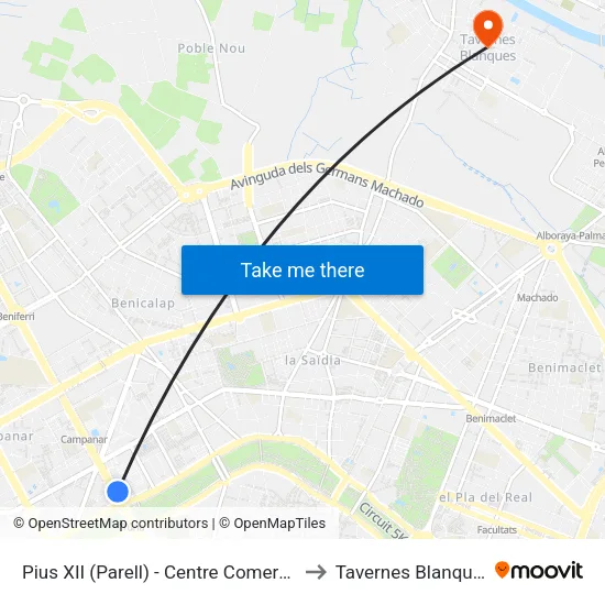 València. Pius XII (Parell) - Centre Comercial to Tavernes Blanques map