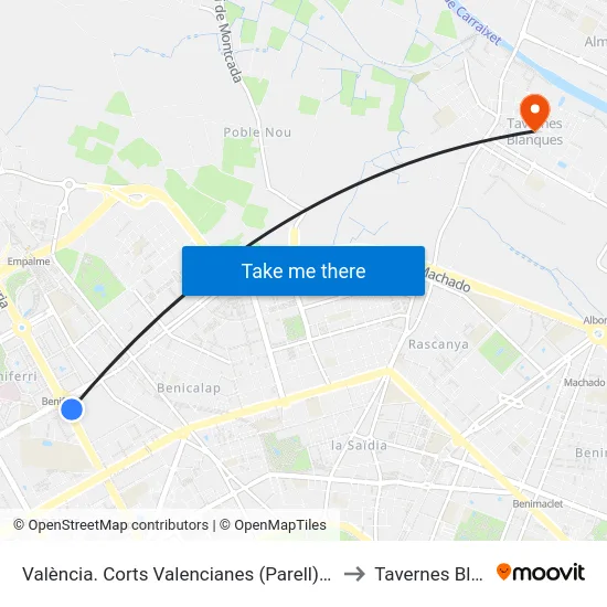 València. Corts Valencianes (Parell) - Metro Beniferri to Tavernes Blanques map