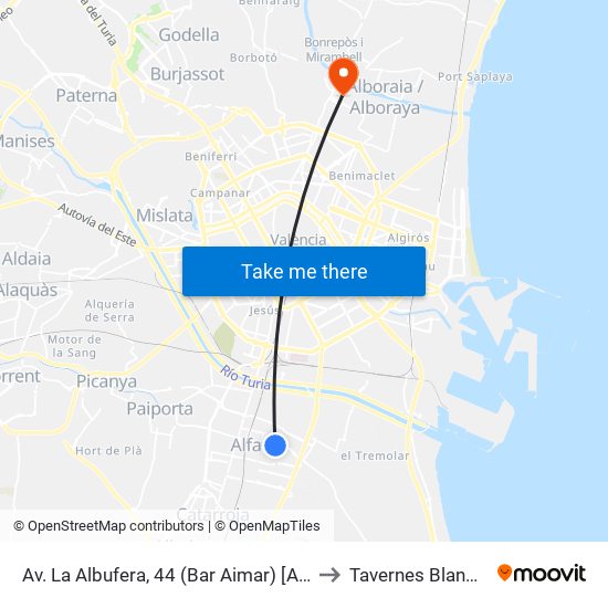 Av. La Albufera, 44 (Bar Aimar) [Alfafar] to Tavernes Blanques map