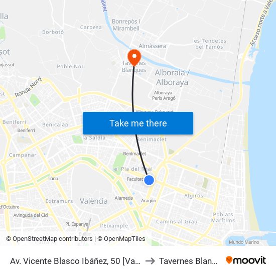 Av. Vicente Blasco Ibáñez, 50 [València] to Tavernes Blanques map