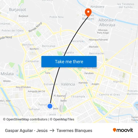 Gaspar Aguilar - Jesús to Tavernes Blanques map