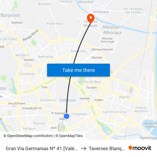 Gran Vía Germanias Nº 41 [València] to Tavernes Blanques map