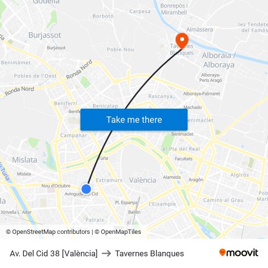Av. Del Cid 38 [València] to Tavernes Blanques map