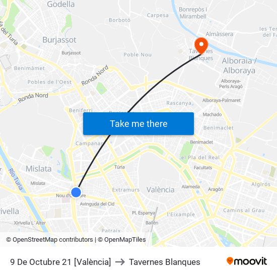 9 De Octubre 21 [València] to Tavernes Blanques map