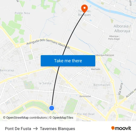 Pont De Fusta to Tavernes Blanques map