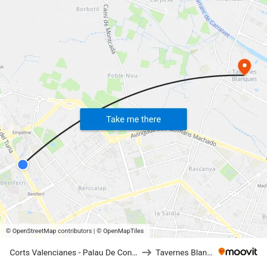 Corts Valencianes - Palau De Congressos to Tavernes Blanques map