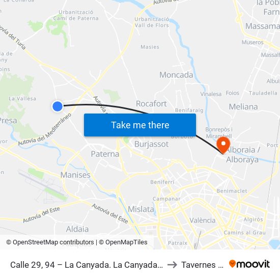 Calle 29, 94 – La Canyada. La Canyada / Fuente Del Jarro [Paterna] to Tavernes Blanques map