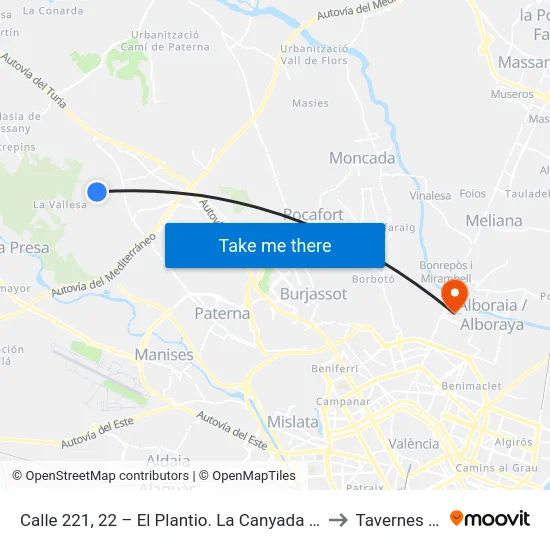 Calle 221, 22 – El Plantio. La Canyada / Fuente Del Jarro [Paterna] to Tavernes Blanques map