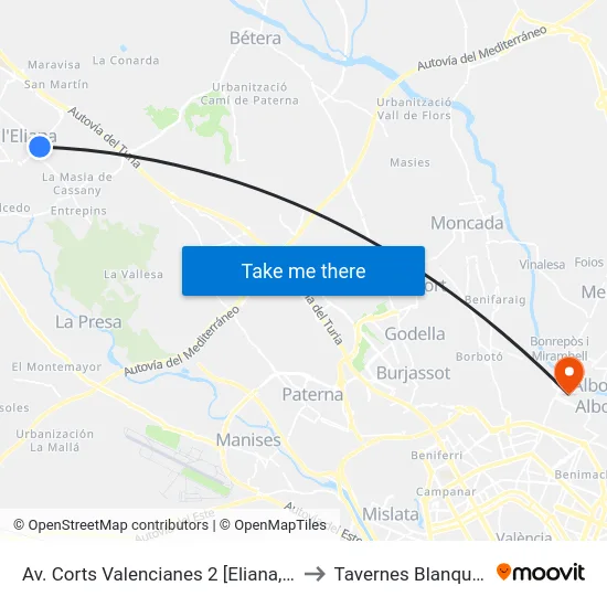 Av. Corts Valencianes 2 [Eliana, L] to Tavernes Blanques map