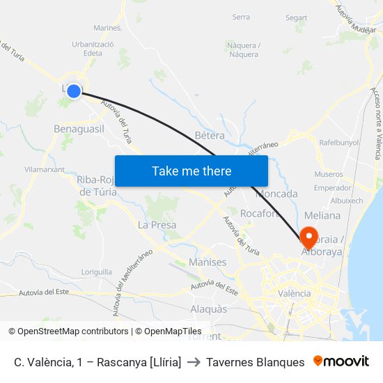 C. València, 1 – Rascanya [Llíria] to Tavernes Blanques map