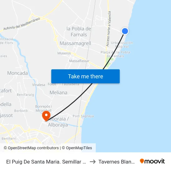 El Puig De Santa Maria. Semillar - Xaloc to Tavernes Blanques map