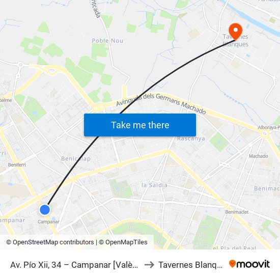 Av. Pío Xii, 34 – Campanar [València] to Tavernes Blanques map