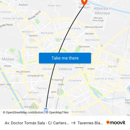 Av. Doctor Tomás Sala - C/ Carters [València] to Tavernes Blanques map