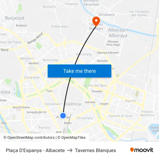 Plaça D'Espanya - Albacete to Tavernes Blanques map