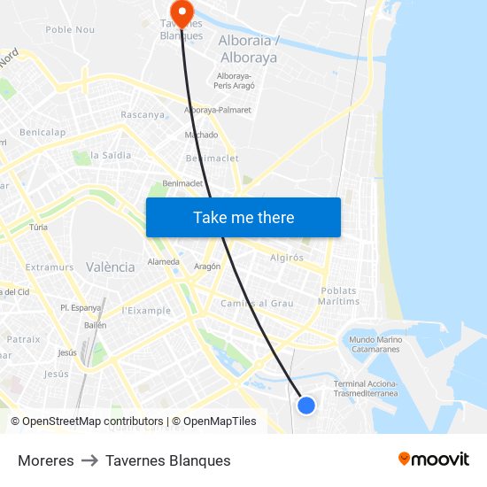 Moreres to Tavernes Blanques map