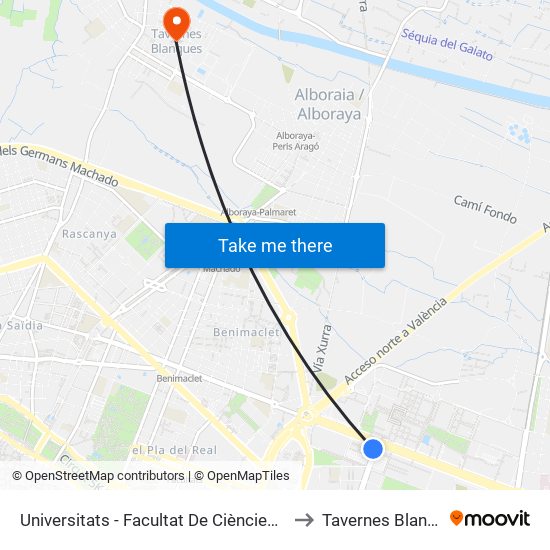 Universitats - Facultat De Ciències Socials to Tavernes Blanques map