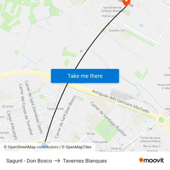 Sagunt - Don Bosco to Tavernes Blanques map