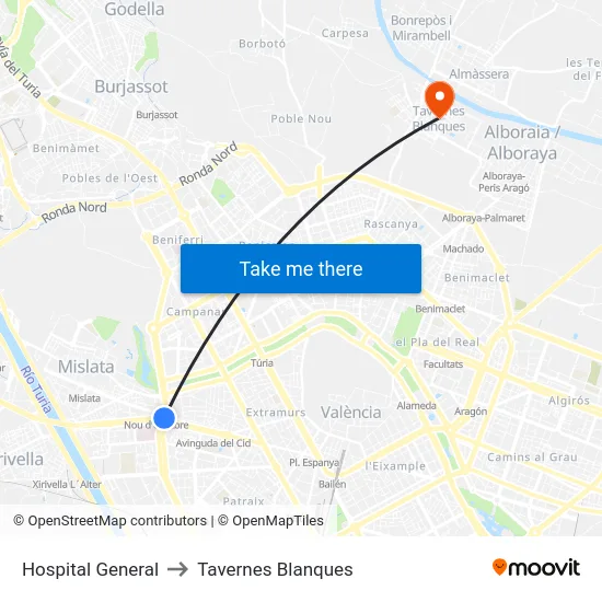 Hospital General to Tavernes Blanques map