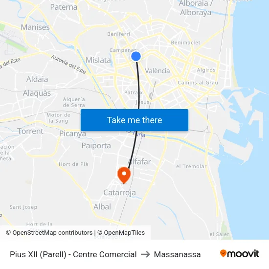 València. Pius XII (Parell) - Centre Comercial to Massanassa map