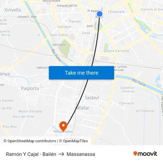 València. Ramón Y Cajal - Bailén / Andana 2 to Massanassa map