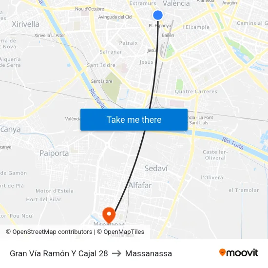 València. Ramón Y Cajal (Parell) - Jesús to Massanassa map