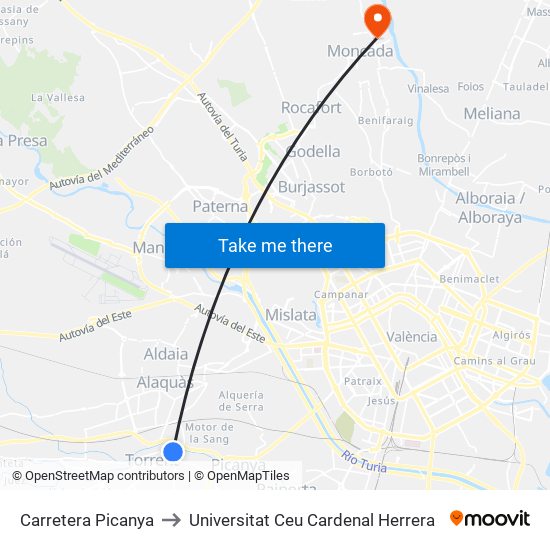 Carretera Picanya to Universitat Ceu Cardenal Herrera map