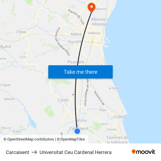 Carcaixent to Universitat Ceu Cardenal Herrera map