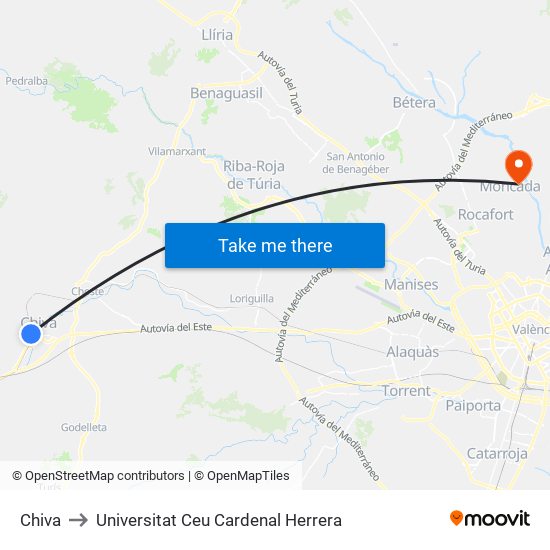 Chiva to Universitat Ceu Cardenal Herrera map