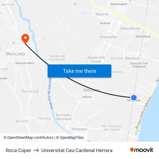 Roca-Cúper to Universitat Ceu Cardenal Herrera map