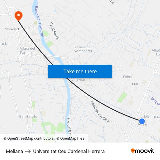 Meliana to Universitat Ceu Cardenal Herrera map