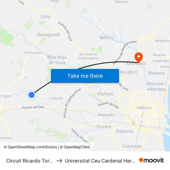 Circuit Ricardo Tormo to Universitat Ceu Cardenal Herrera map