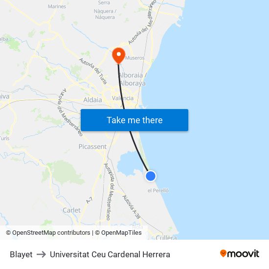 Blayet to Universitat Ceu Cardenal Herrera map
