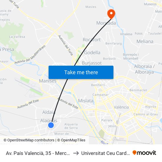 Av. País Valencià, 35 - Mercadona [Alaquàs] to Universitat Ceu Cardenal Herrera map