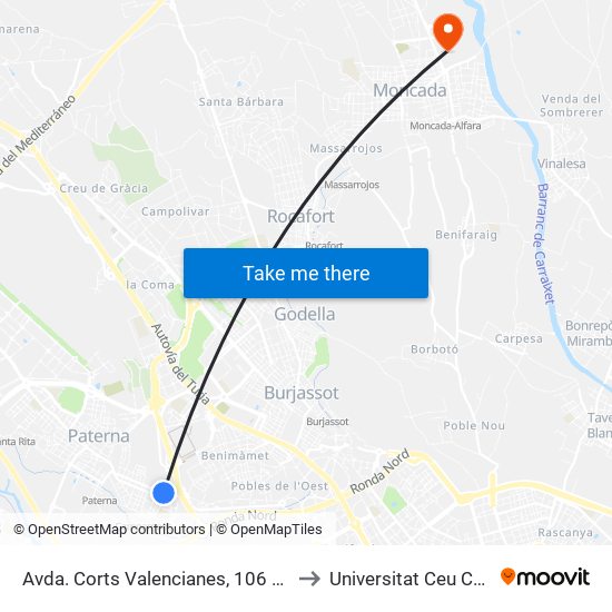 Avda. Corts Valencianes, 106 – Campament [Paterna] to Universitat Ceu Cardenal Herrera map