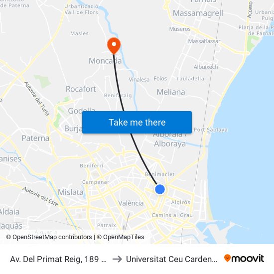 Av. Del Primat Reig, 189 [València] to Universitat Ceu Cardenal Herrera map