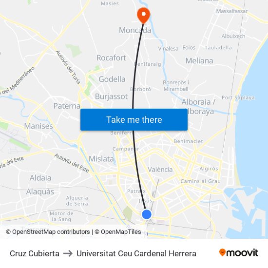 Cruz Cubierta to Universitat Ceu Cardenal Herrera map