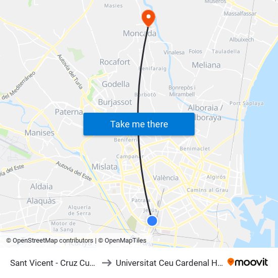 Sant Vicent  - Cruz Cubierta to Universitat Ceu Cardenal Herrera map