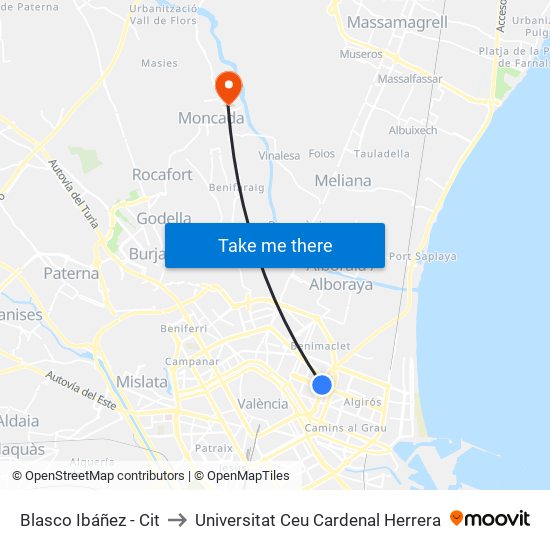 Blasco Ibáñez - Cit to Universitat Ceu Cardenal Herrera map